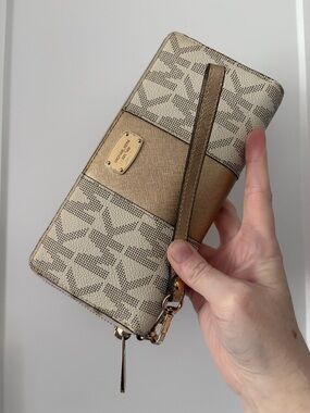 Michael Kors Beige Canvas & Metallic Gold Wristlet Wallet
